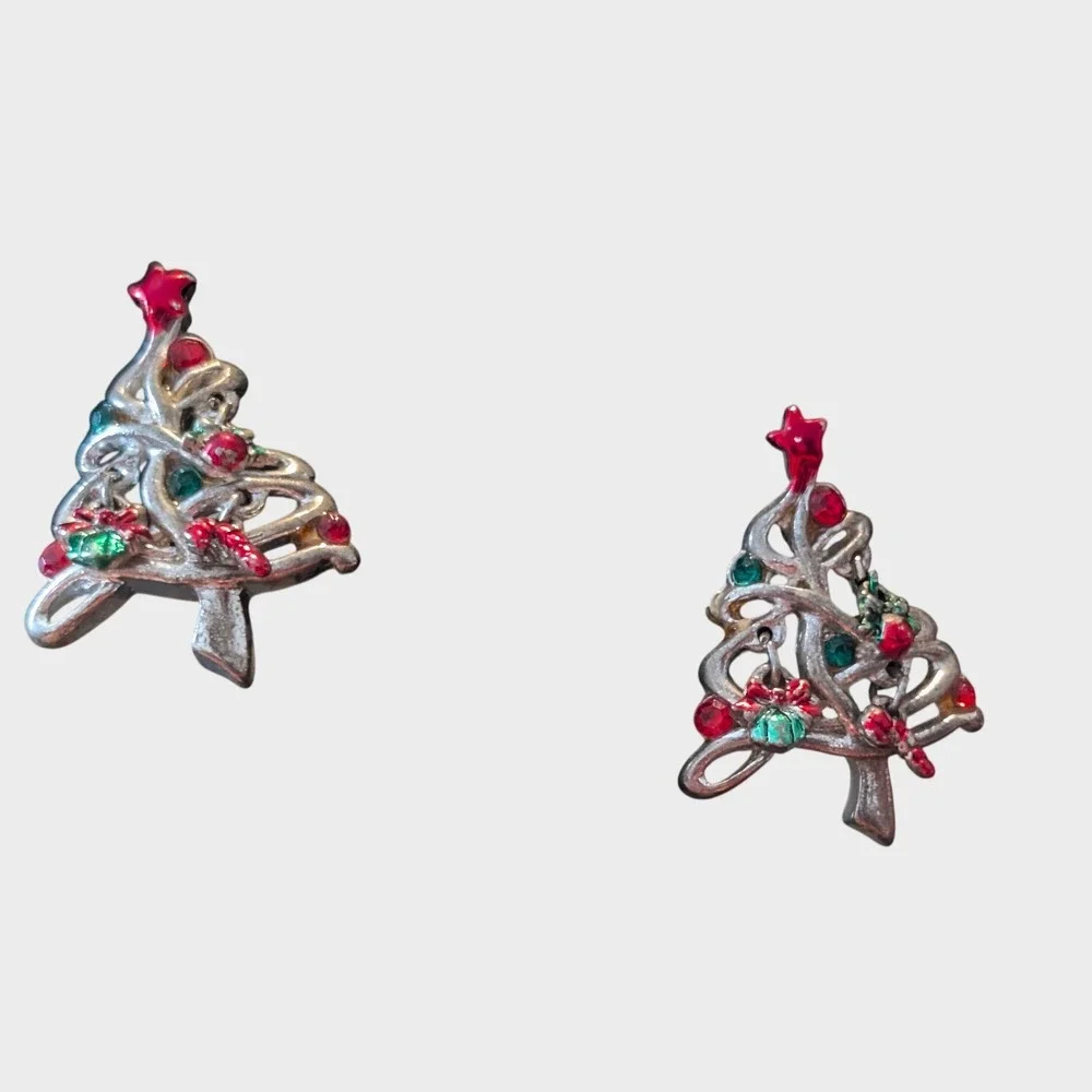 Vintage Unbranded Christmas Tree Earrings Women OS Silver Red Green Enamel Studs - Picture 5 of 6